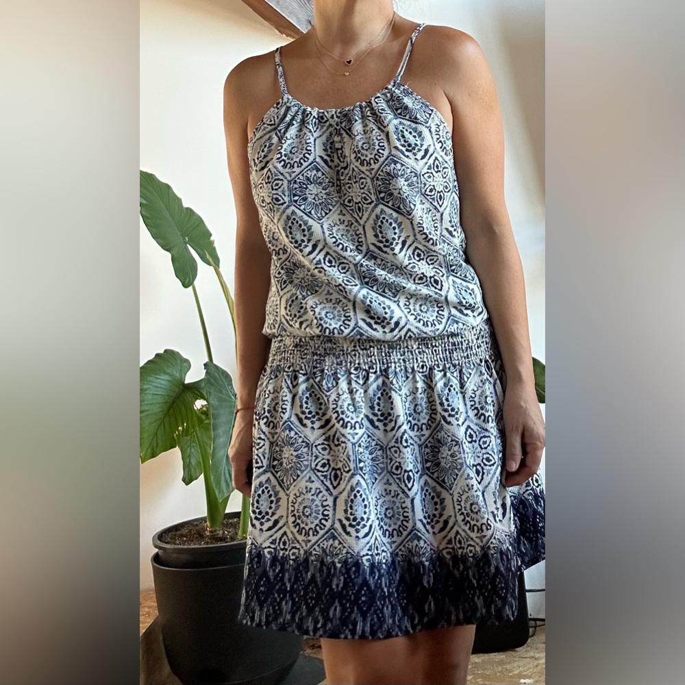 Veronica M Navy and White Patterned drop waist halter dress Size S worn one